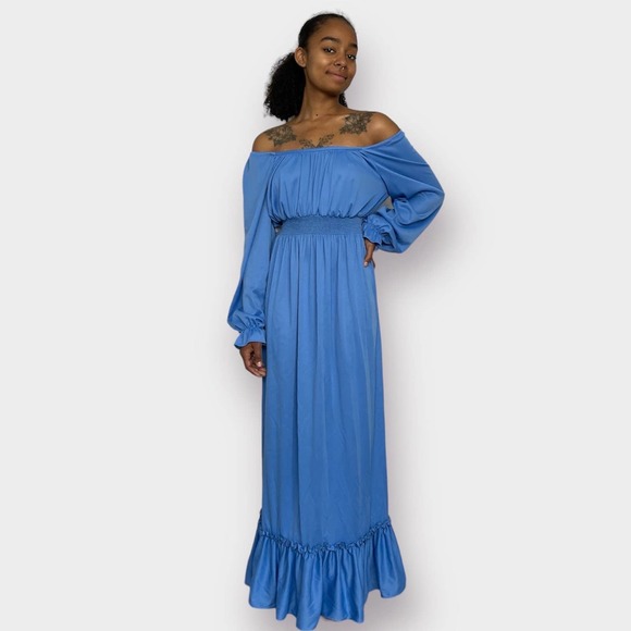 70s Blue Long Sleeve Maxi Dress - Picture 5 of 5
